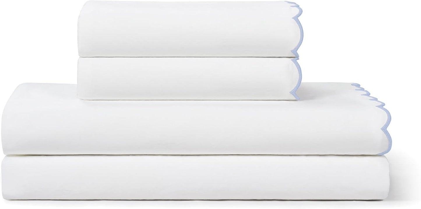 Full Size Sheet Set, 4 Piece Bed Sheets, Breathable Soft 300 TC 100% Cotton with Embroidered Scalloped Edge, 1 Flat Sheet, 1 Fitted, 2 Pillowcases, Full, White with Blue Scallop | Breathable Soft 300 TC, Embroidered Scalloped Edge, Flat, Fitted, Pillowcases