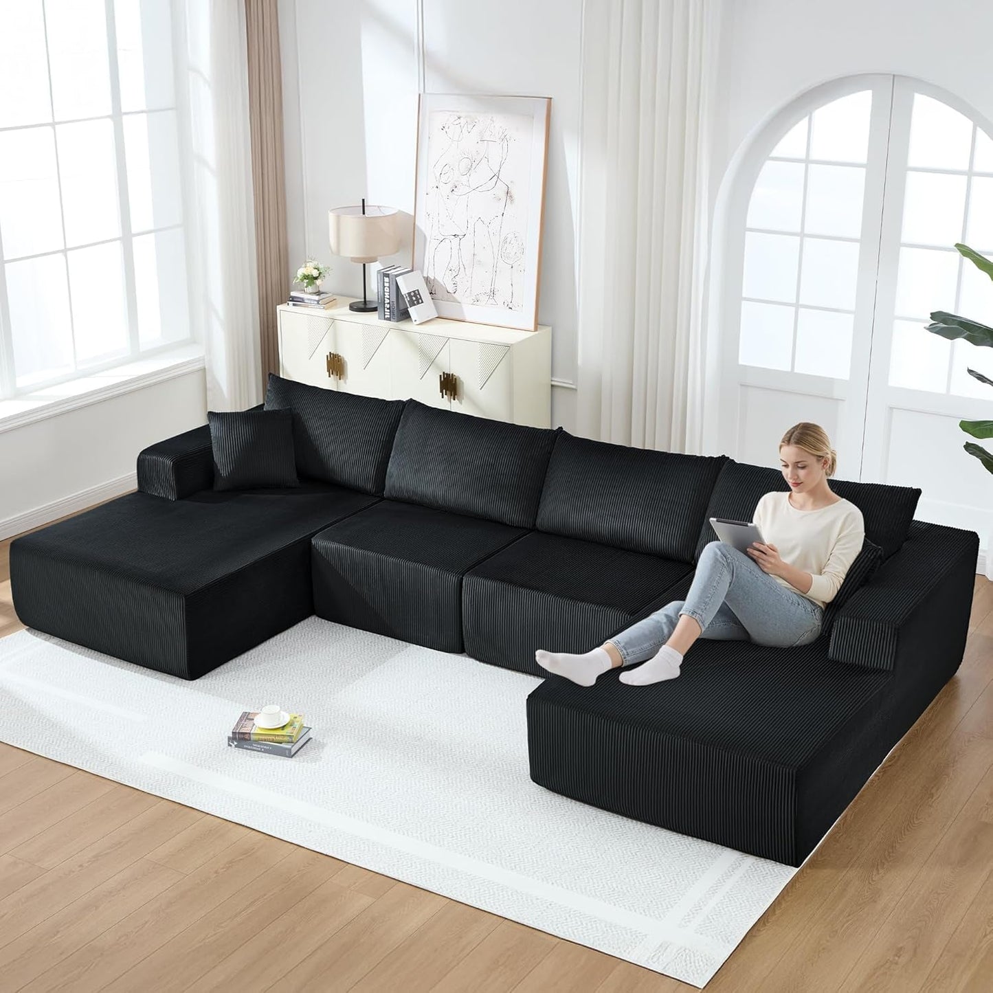 Corduroy Black UShaped Modular Sectional Sofa