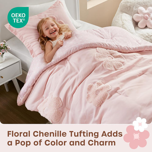 Kids Pink Floral Twin Comforter Set for Girls, 3Pc | Tufted Chenille, Polka Dot Reverse, Machine Washable, All Season, Lightweight, Bedding Set, Ultra Soft