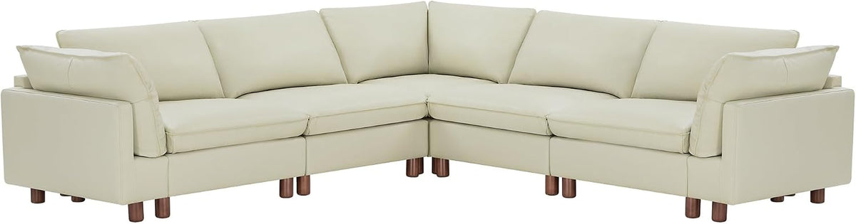 CHITA 118" Leather Super Large Sectional Couches for Living Room, Modular Cloud Sofa, Premium Genuine Leather Sofa, down Filled, High Density Foam, Real Leather in Cream, 5 Seat Corner Couch