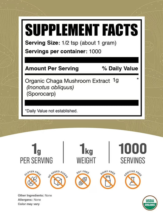 Bulksupplements Organic Chaga Mushroom Extract Powder - Mushroom Supplement - Vegan & Herbal, 1G per Serving, 1Kg (2.2 Lbs)