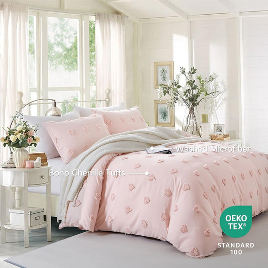 Pink Heart Duvet Cover Queen Size Boho Tufted Chenille Cute Heart Textured Comforter Cover 3Pcs Luxury Soft Washed Microfiber Aesthetic Bedding Set with Zipper Closure for All Season