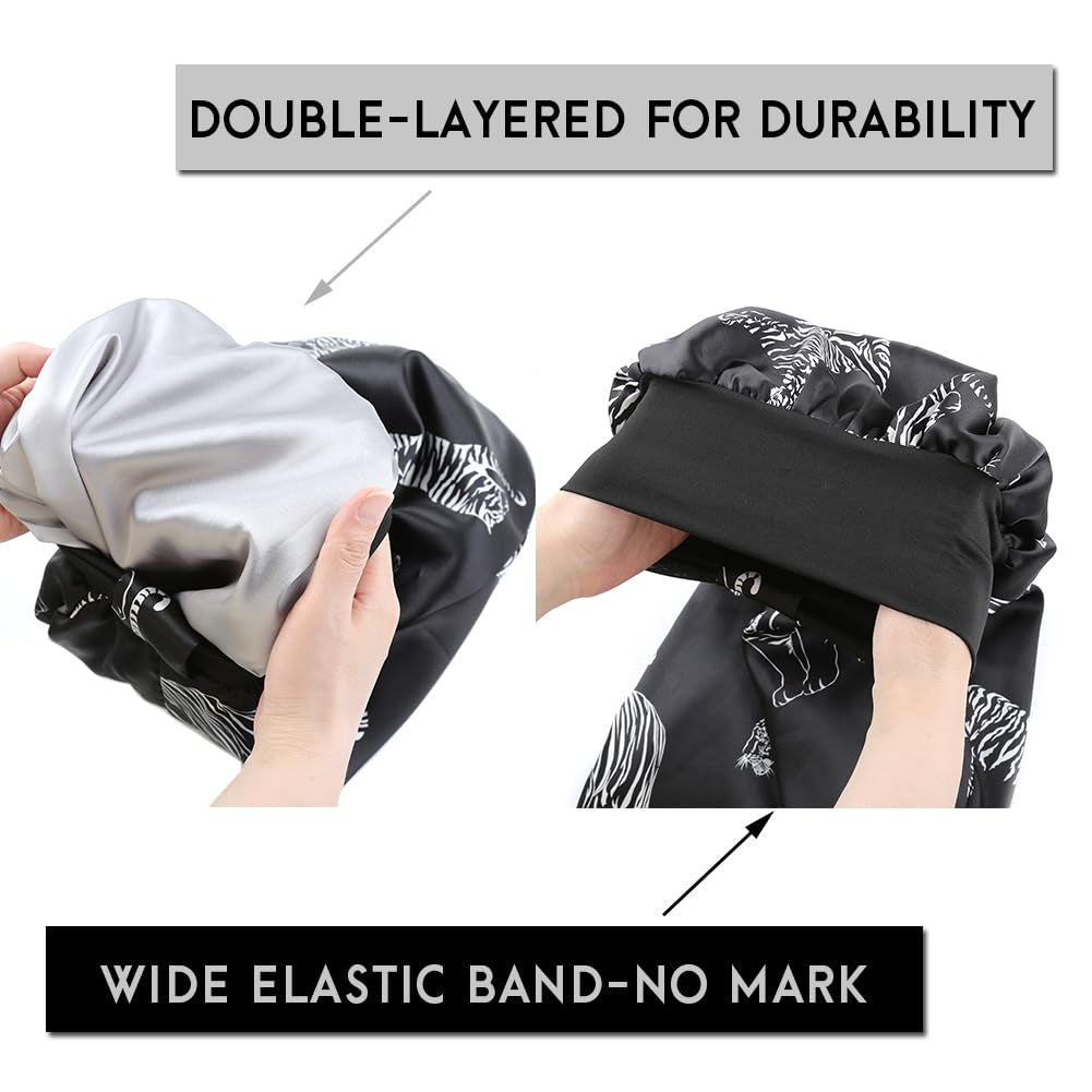 Extra Long Black Satin Bonnet for Women Silver Tiger, Adjustable Elastic Sleep Cap for Long Braids Locs Natural Hair, Frizz-Free Nighttime Hair Protector