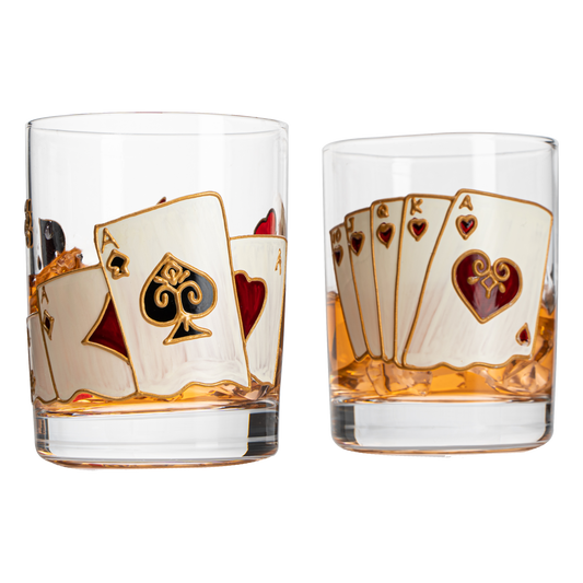 Artisanal Hand Painted Stemless Casino Whiskey Glasses Set Of 2