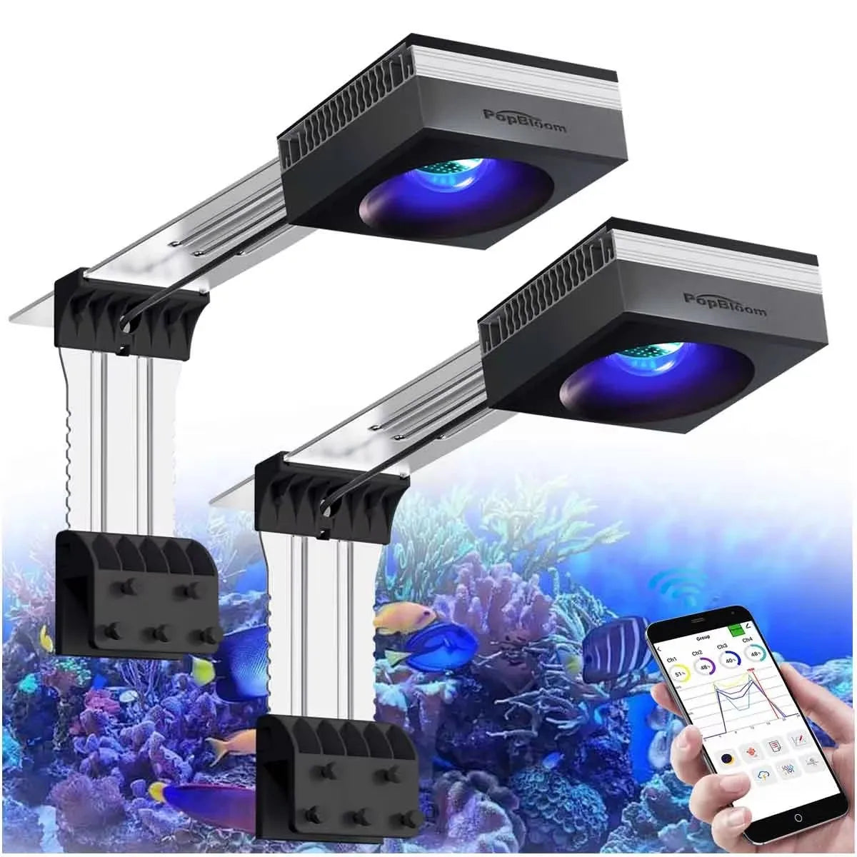 PopBloom RL90 WiFi Reef Aquarium Light 100W, Professional Marine Aquarium LED Full Spectrum for Reef Coral SPS/LPS Fish Tank LED - 2 Lamp with Arm kit / US Plug