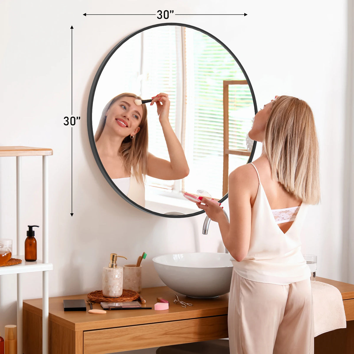 JHK Large Gold Round Vanity Framed Mirror for Wall Matte Metal Framed 30 Inch Modern Mirror Tempered Glass Bedroom Living Room - 30L x 30W Black