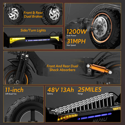 Off Road Electric Scooter, 1200W Motor, 25 Miles Range, 31 MPH, 11" All Terrain Tire, E-Scooter for Adults with Double Suspension & Side Light Disc Brakes