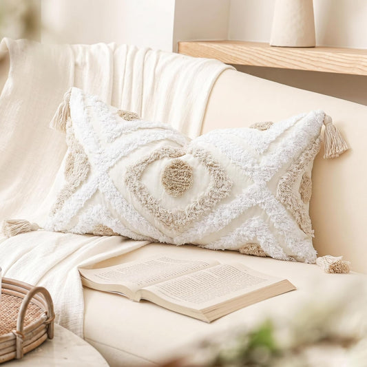 Modern Long Lumbar Throw Pillow Cover 12 X 24,Cotton and Linen Tufted Decorative Boho Long Lumbar Pillow Case for Couch Sofa Bed Farmhouse Chair Outdoor,Khaki&Beige&White