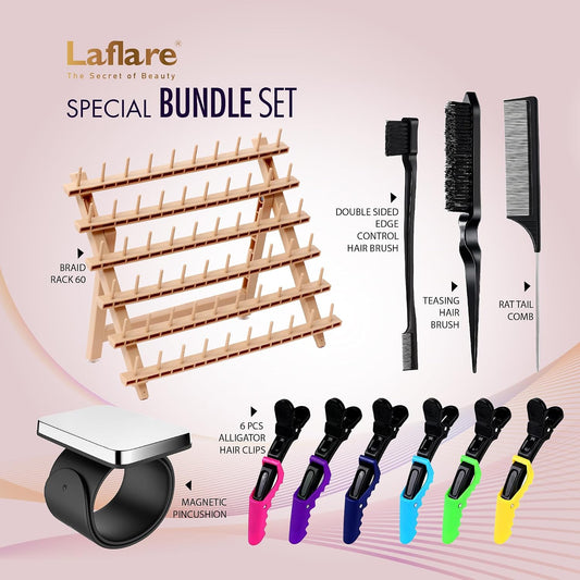Braiding Rack for Hair with Comb Set & Braid Gel Wristband & Hair Clip, Hair Rack (Hair Extension Holder with 60 Pegs,) with Hair Braiding Accessories (PPCOM4)