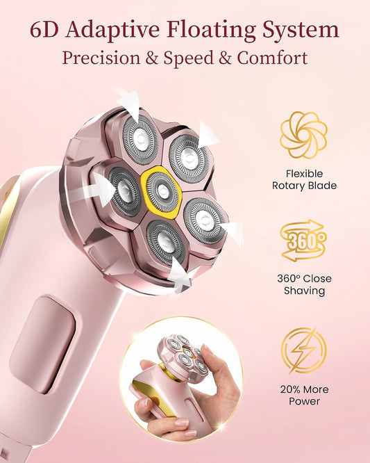 Electric Razor for Women Legs: 2-In-1 Painless 6D Body Shaver W/Long Handle | Fast & Smooth Shaver Head, Waterproof Bikini Trimmer Head for Underarms, Arms, Lady Hair Removal Kit, LED Display (Nude Pink)