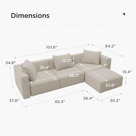 Modular Sectional Sofa Set Linen Cream With Ottoman And Chaise-1