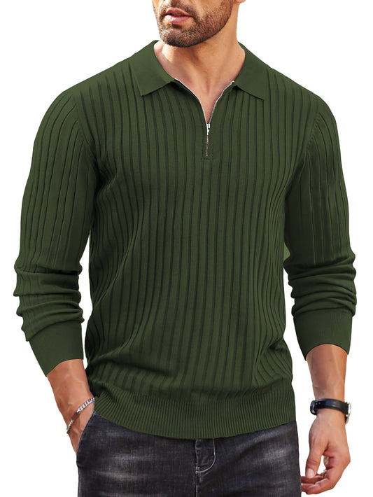 Polo Shirts for Men Casual Long Sleeve Mens Shirts Zipper Ribbed Knit Shirt