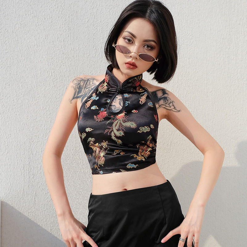 Europe and the United States cross-border instant selling sense of backless sleeveless hanging neck dragon embroidery Chinese style small vest women's wear - Zayd’s Department Store