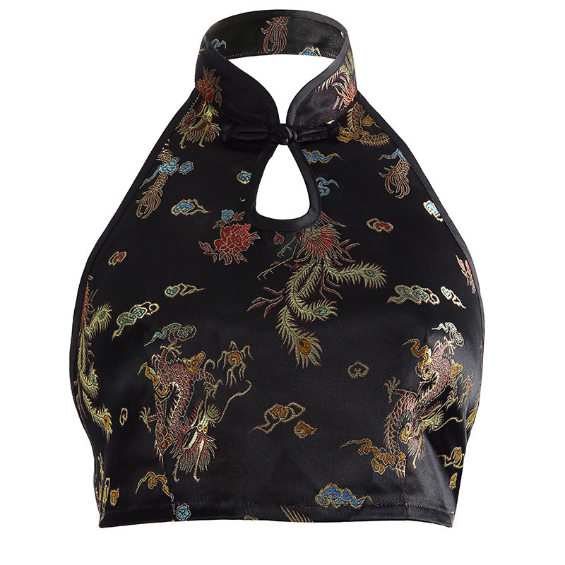Europe and the United States cross-border instant selling sense of backless sleeveless hanging neck dragon embroidery Chinese style small vest women's wear - Zayd’s Department Store