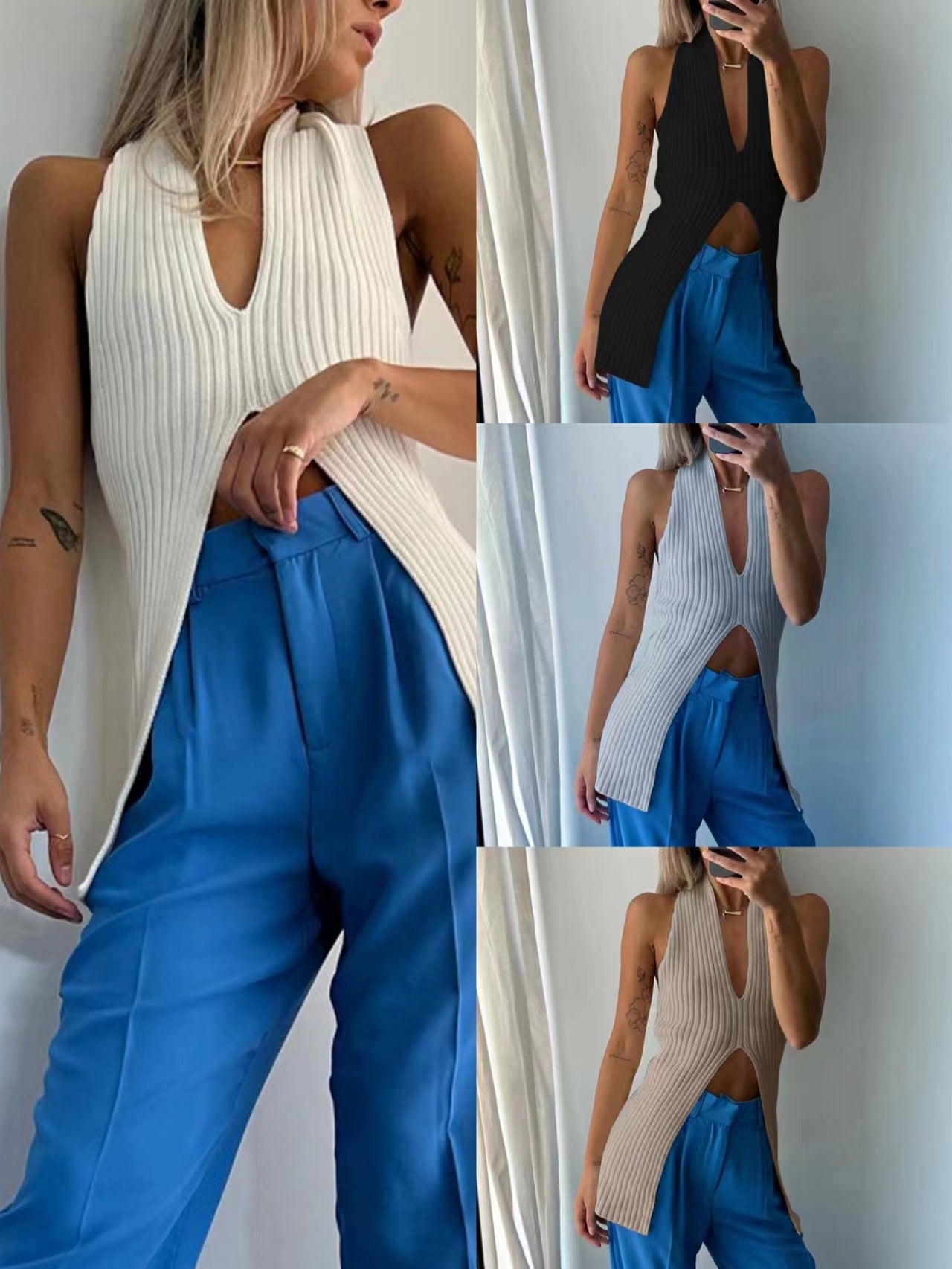 Knitted split medium long vest Europe and the United States spring and summer a generation of cross-border low-cut backless blouse - Zayd’s Department Store