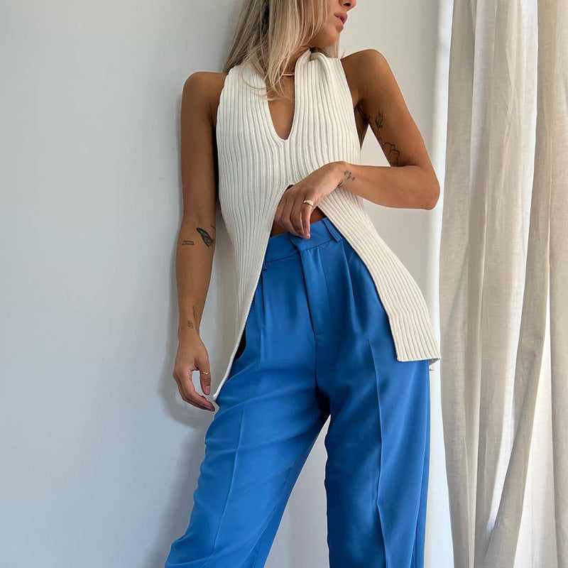 Knitted split medium long vest Europe and the United States spring and summer a generation of cross-border low-cut backless blouse - Zayd’s Department Store