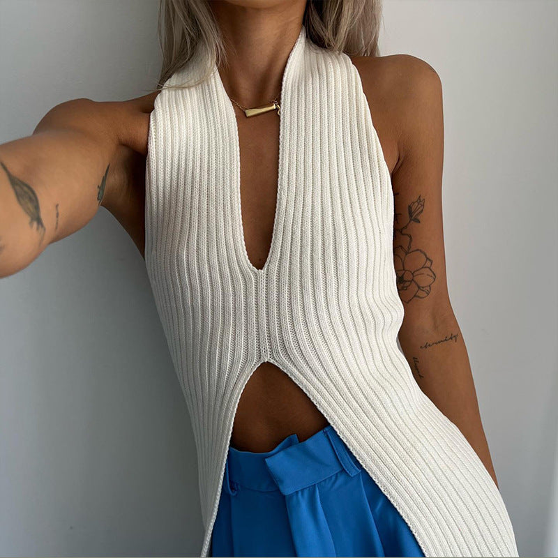 Knitted split medium long vest Europe and the United States spring and summer a generation of cross-border low-cut backless blouse - Zayd’s Department Store