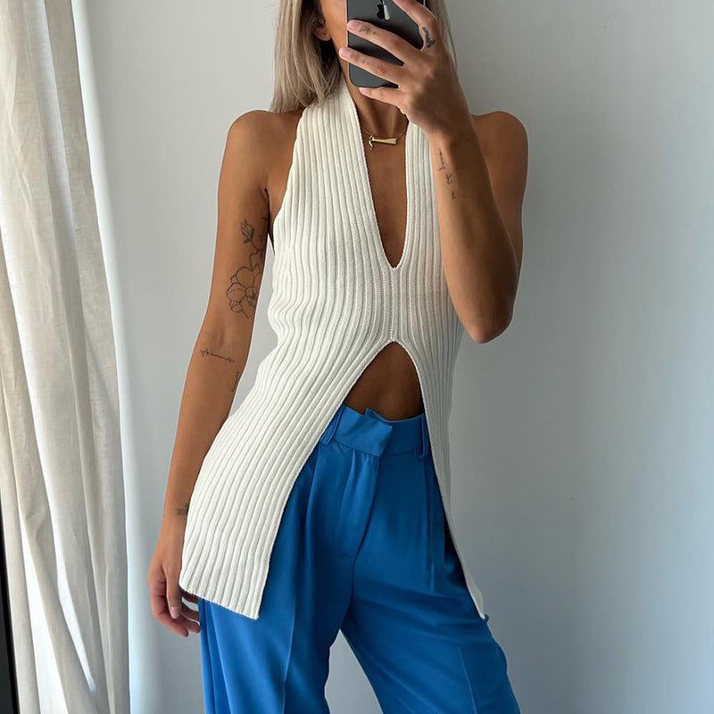 Knitted split medium long vest Europe and the United States spring and summer a generation of cross-border low-cut backless blouse - Zayd’s Department Store