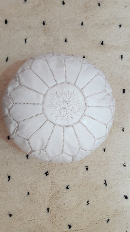 Handmade White Leather Moroccan Pouf Ottoman