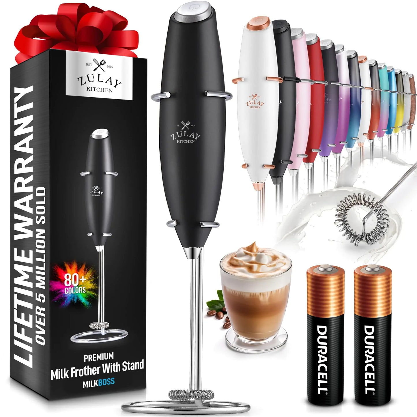 Zulay Kitchen Powerful Milk Frother Wand With 2 Duracell Batteries - Ultra Fast Handheld Drink Mixer - Electric Whisk Foam Maker for Coffee Lattes Cappuccino Matcha Hot Chocolate & Creamer - Black - Zayd’s Department Store