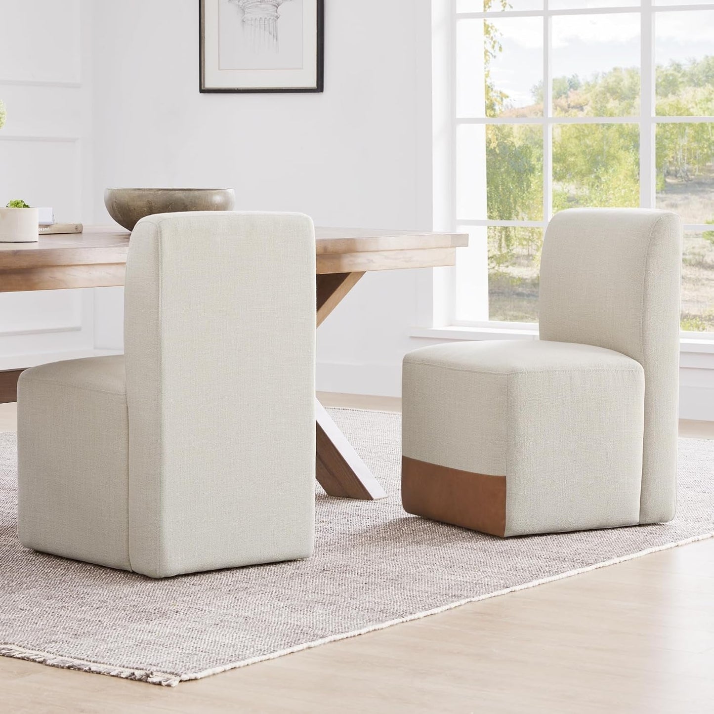Dining Chairs with Casters Set of 2, FSC Certified Upholstered Armless Modern Rolling Dining Chairs with Rollers for Bedroom Reading Room Living Room, Linen & Cognac Faux Leather Patchwork - Zayd’s Department Store