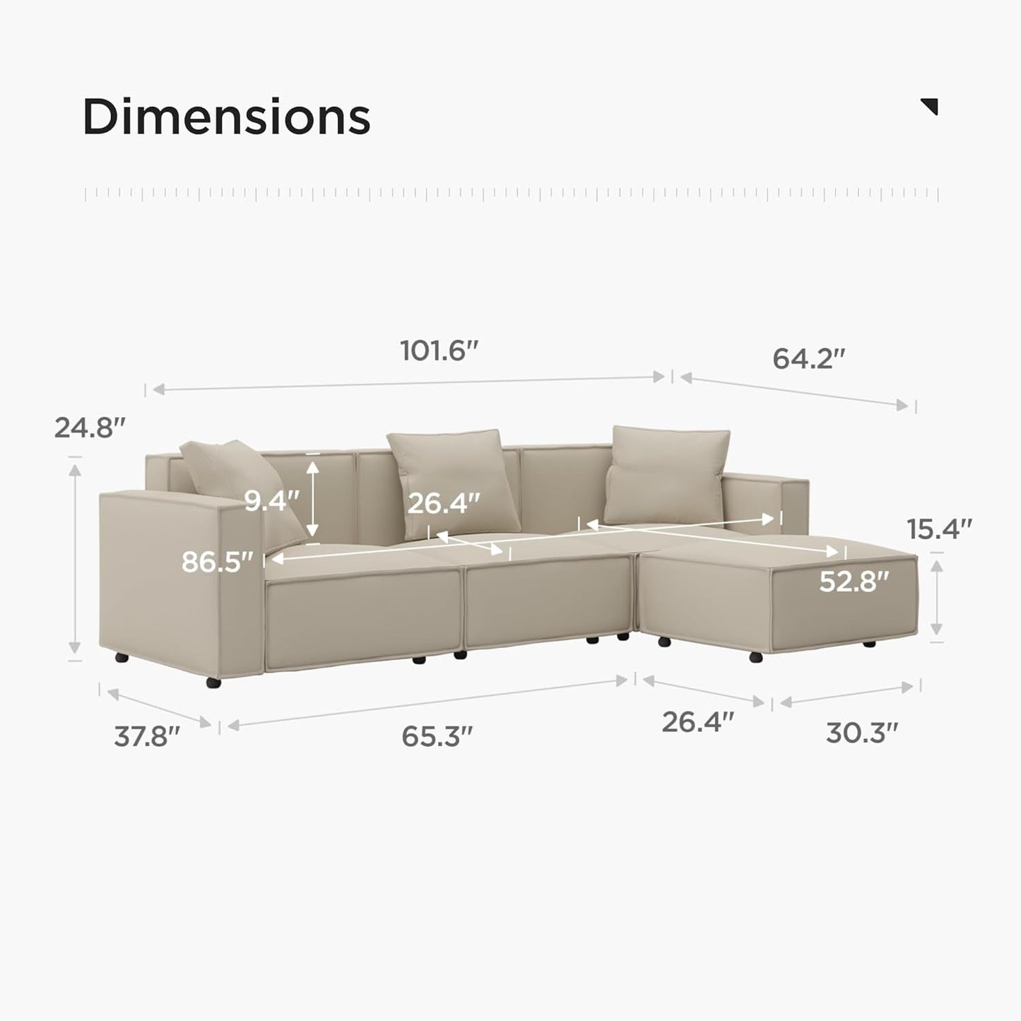 Luxury Modular Sectional Living Room Sofa Set, Modern Minimalist Style Couch with Ottoman and Chaise, L-Shape, Cream - Zayd’s Department Store