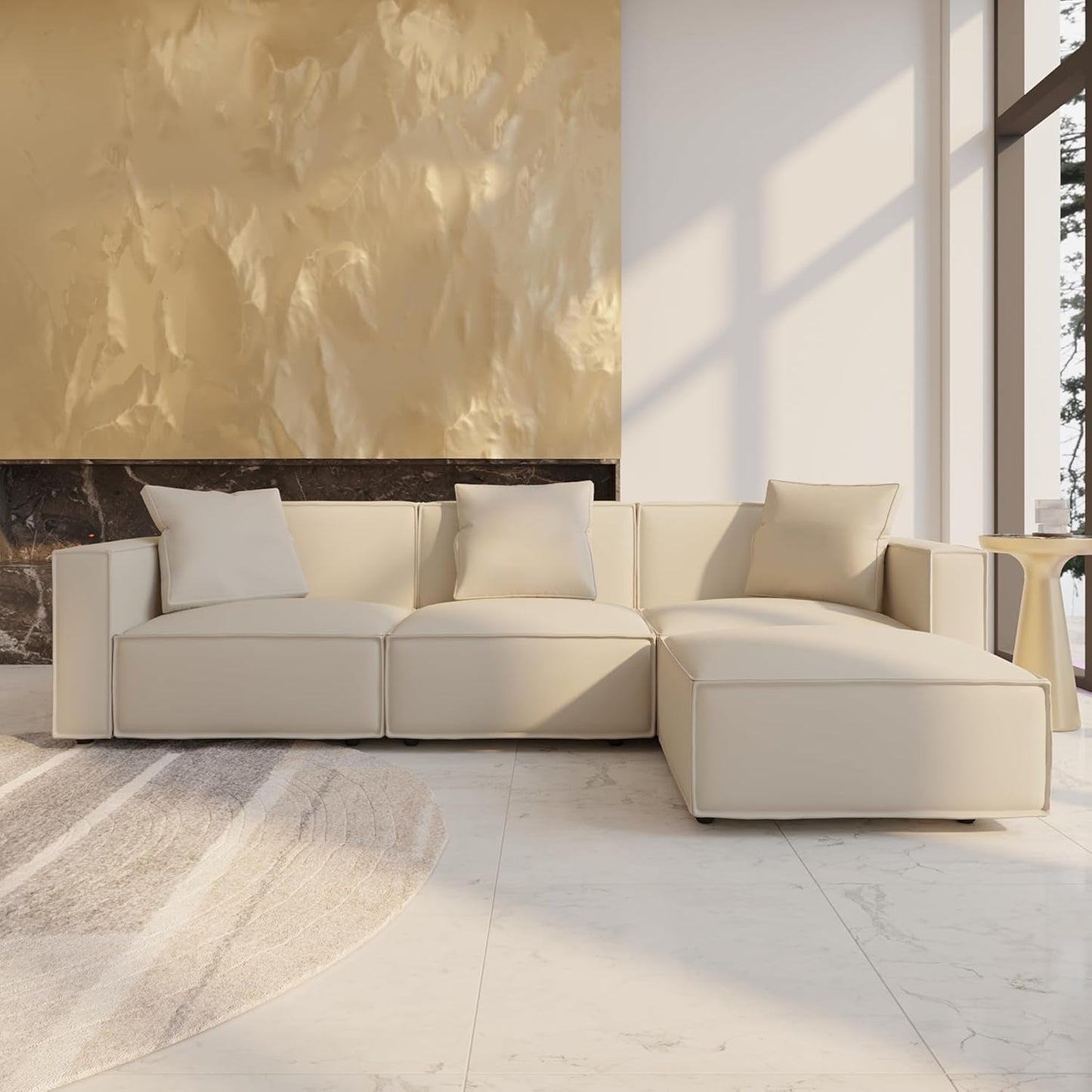 Luxury Modular Sectional Living Room Sofa Set, Modern Minimalist Style Couch with Ottoman and Chaise, L-Shape, Cream - Zayd’s Department Store