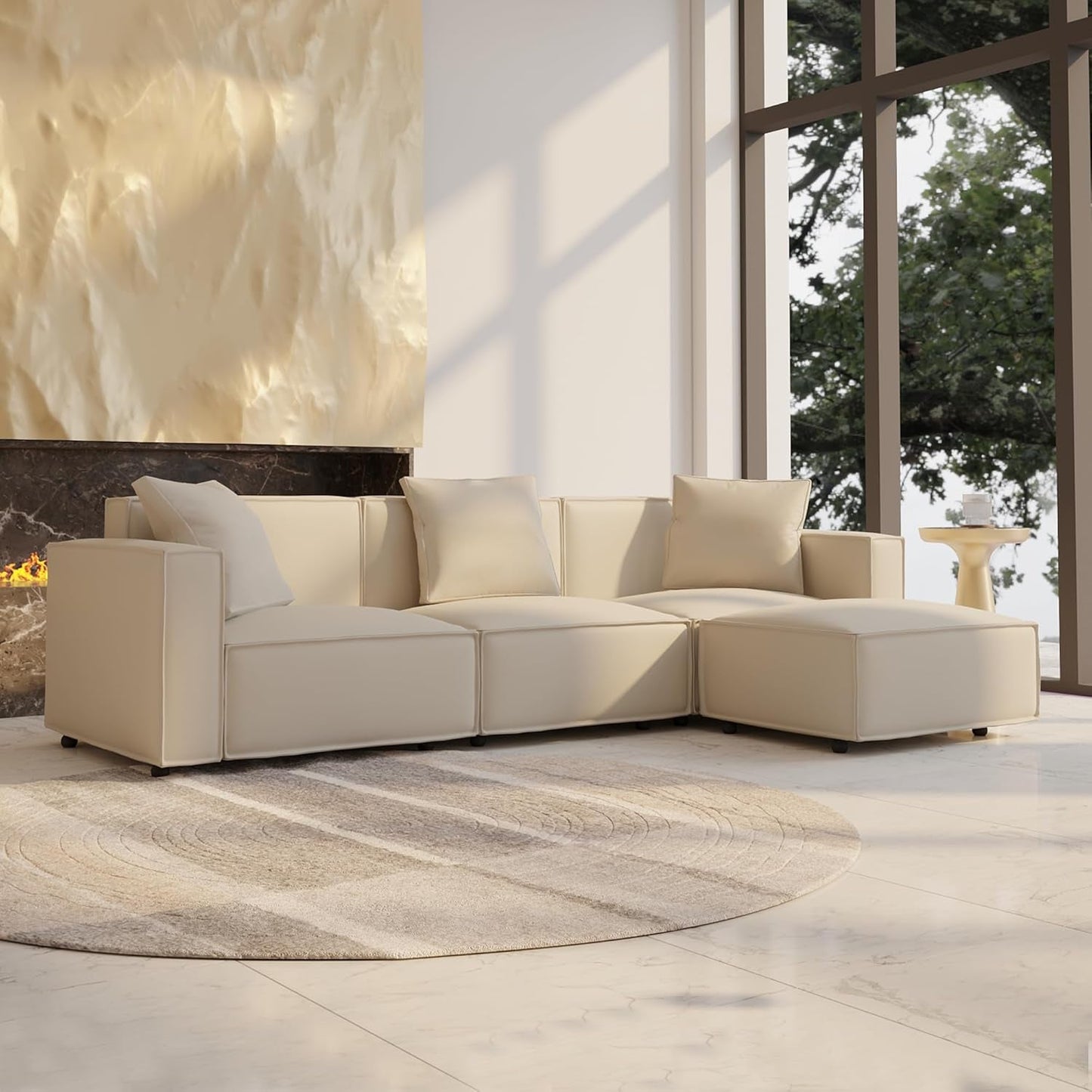 Luxury Modular Sectional Living Room Sofa Set, Modern Minimalist Style Couch with Ottoman and Chaise, L-Shape, Cream - Zayd’s Department Store