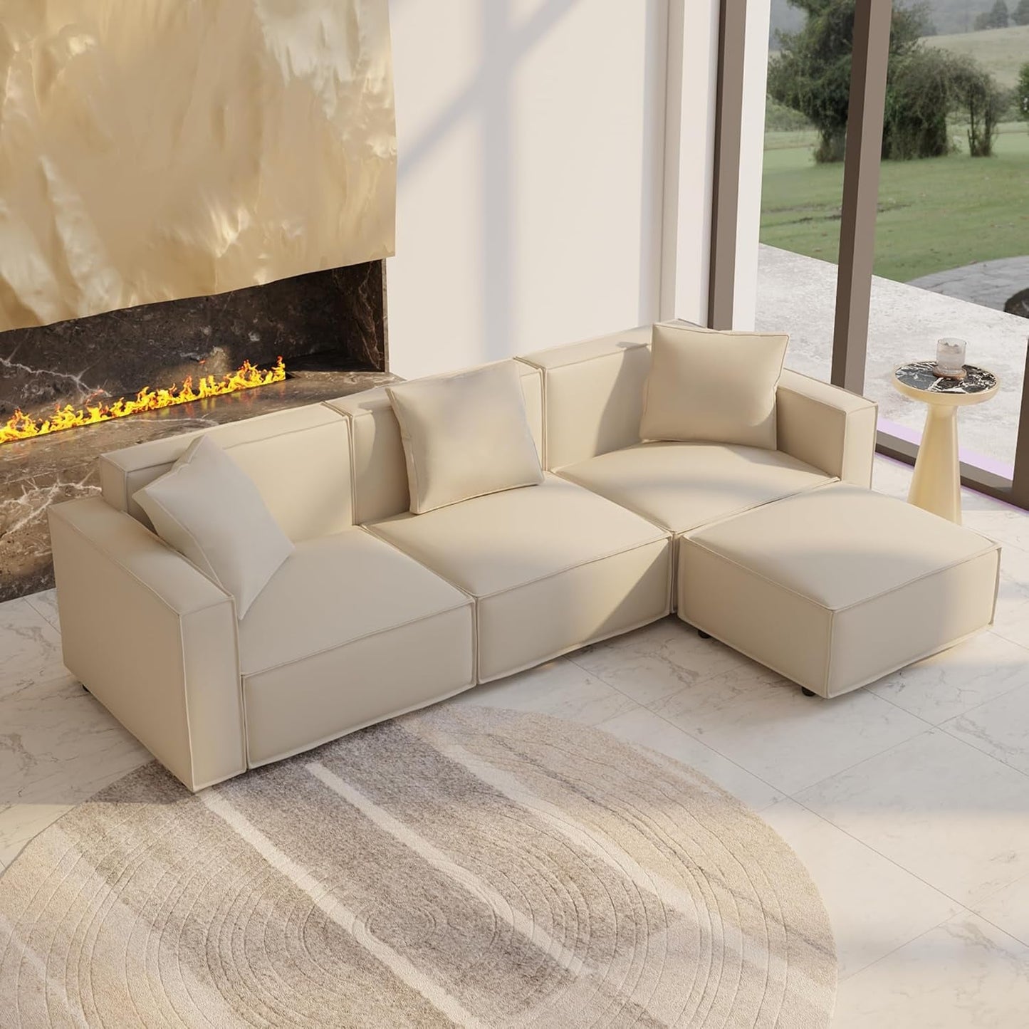 Luxury Modular Sectional Living Room Sofa Set, Modern Minimalist Style Couch with Ottoman and Chaise, L-Shape, Cream - Zayd’s Department Store