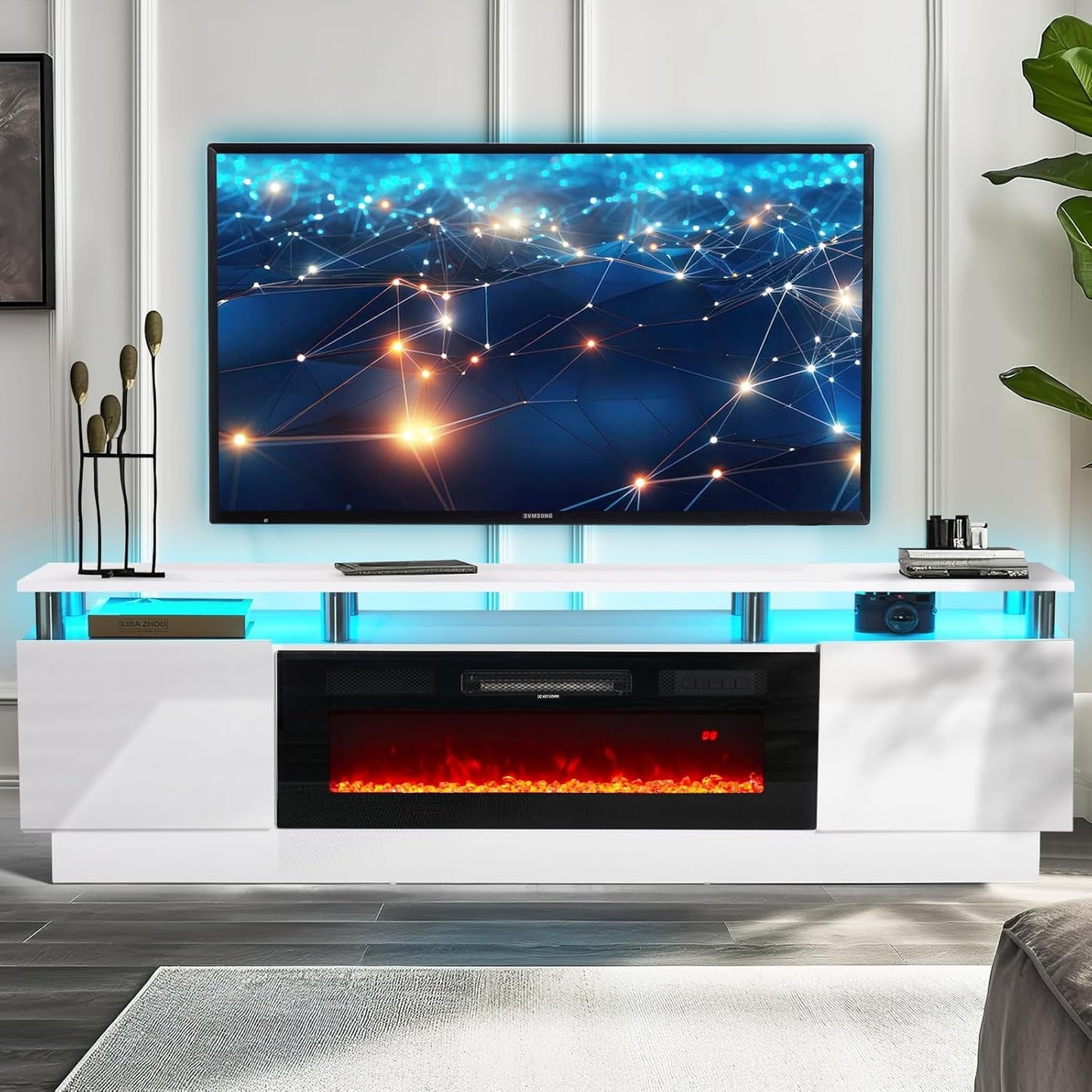 80" Modern Electric Fireplace TV Stand for Tvs up to 90 Inch, with Electronic Flame and LED Lights, Luxury High Gloss Finish Entertainment Center, TV Console Cabinet for Living Room, White - Zayd’s Department Store