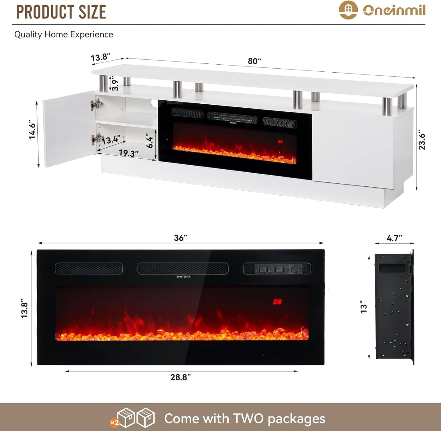 80" Modern Electric Fireplace TV Stand for Tvs up to 90 Inch, with Electronic Flame and LED Lights, Luxury High Gloss Finish Entertainment Center, TV Console Cabinet for Living Room, White - Zayd’s Department Store