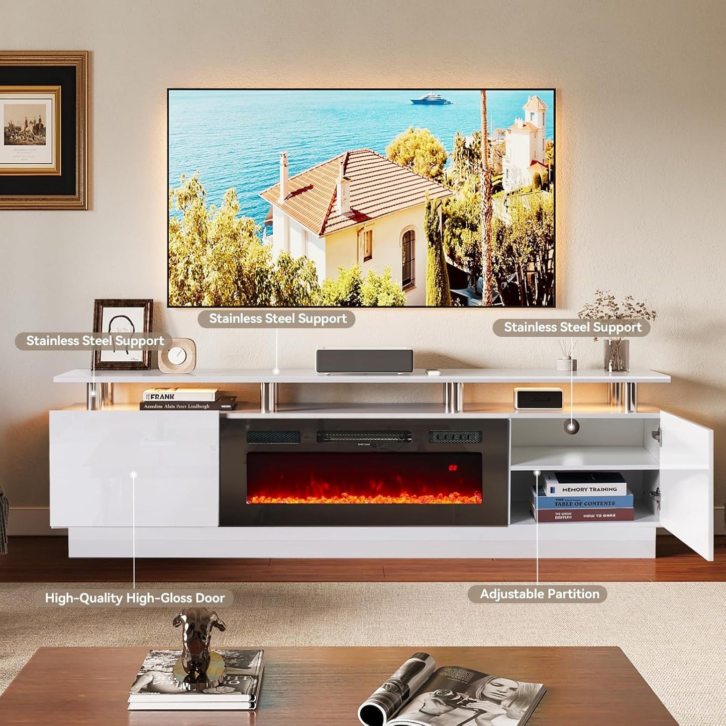 80" Modern Electric Fireplace TV Stand for Tvs up to 90 Inch, with Electronic Flame and LED Lights, Luxury High Gloss Finish Entertainment Center, TV Console Cabinet for Living Room, White - Zayd’s Department Store