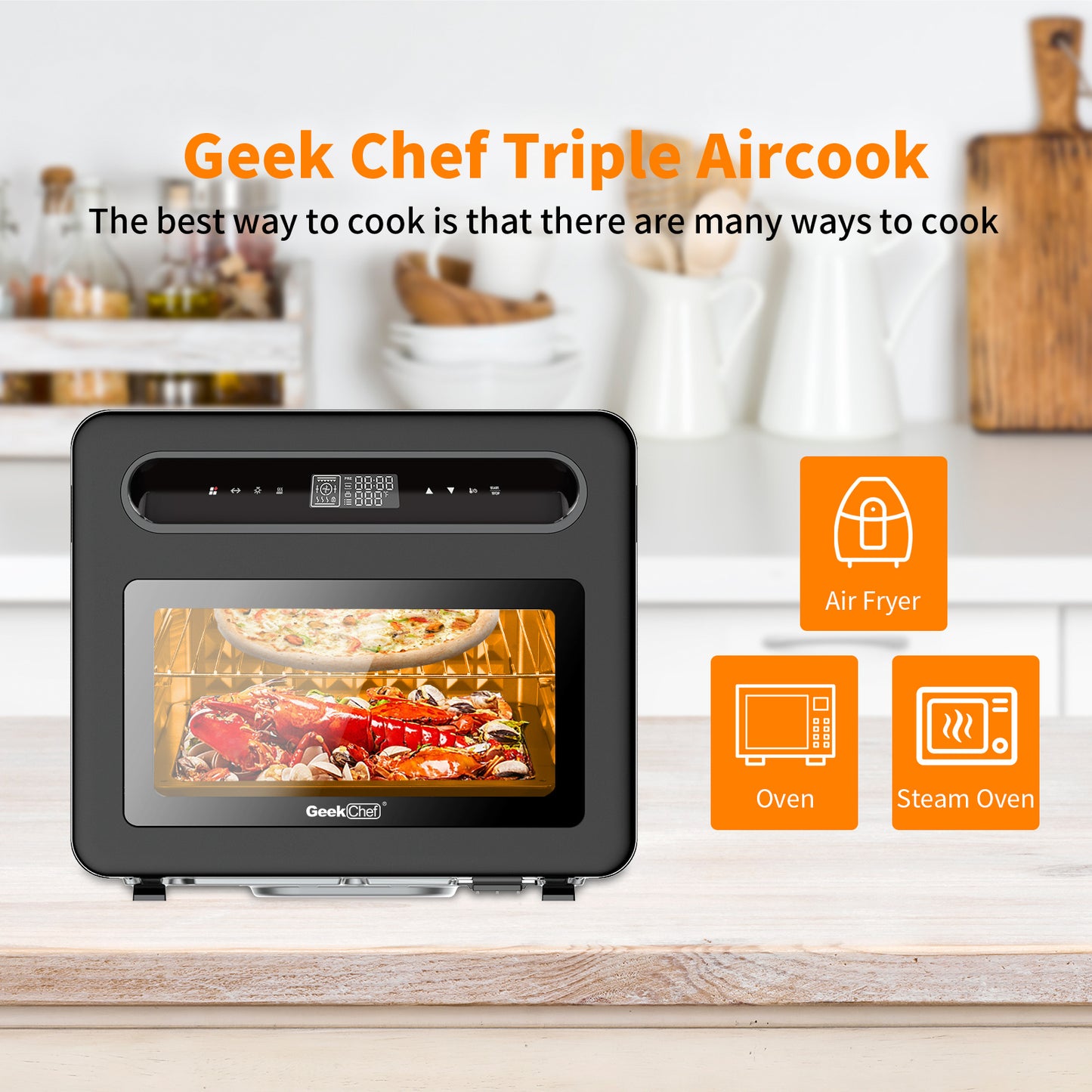 Geek Chef Steam Air Fryer Toast Oven Combo , 26 QT Steam Convection Oven Countertop , 50 Cooking Presets, With 6 Slice Toast, 12 In Pizza, Black Stainless Steel. Prohibited From Listing On Amazon - Zayd’s Department Store