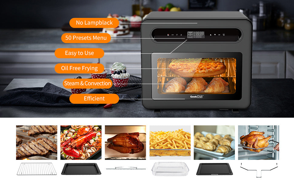 Geek Chef Steam Air Fryer Toast Oven Combo , 26 QT Steam Convection Oven Countertop , 50 Cooking Presets, With 6 Slice Toast, 12 In Pizza, Black Stainless Steel. Prohibited From Listing On Amazon - Zayd’s Department Store