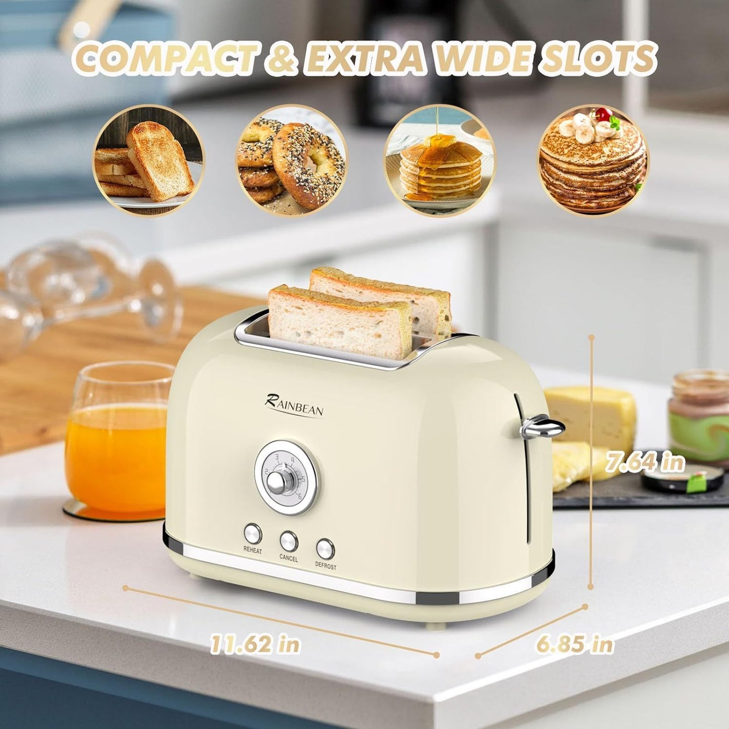 Toaster 2 Slice Retro Toaster Stainless Steel With 6 Bread Shade Settings And Bagel Cancel Defrost Reheat Function, Cute Bread Toaster With Extra Wide Slot And Removable Crumb Tray - Zayd’s Department Store