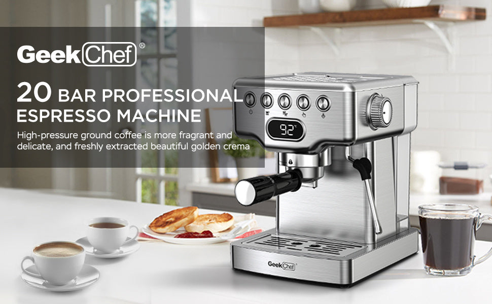 Geek Chef Espresso Machine, 20 Bar Espresso Machine With Milk Frother For Latte, Cappuccino, Macchiato, For Home Espresso Maker, 1.8L Water Tank, Stainless Steel, Ban On Amazon - Zayd’s Department Store