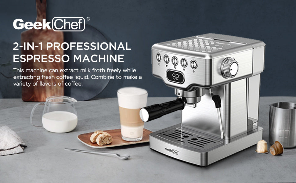 Geek Chef Espresso Machine, 20 Bar Espresso Machine With Milk Frother For Latte, Cappuccino, Macchiato, For Home Espresso Maker, 1.8L Water Tank, Stainless Steel, Ban On Amazon - Zayd’s Department Store