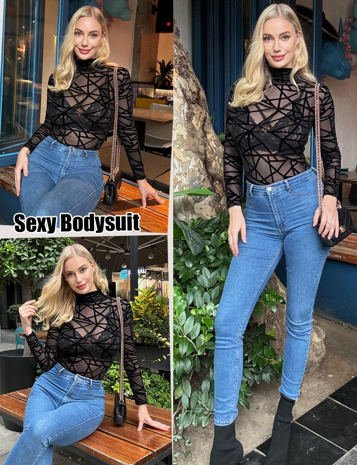 Long Sleeve Bodysuit for Women Mesh Bodysuit Turtleneck Sheer Tops Geo Print Leotards S-XXL - Zayd’s Department Store