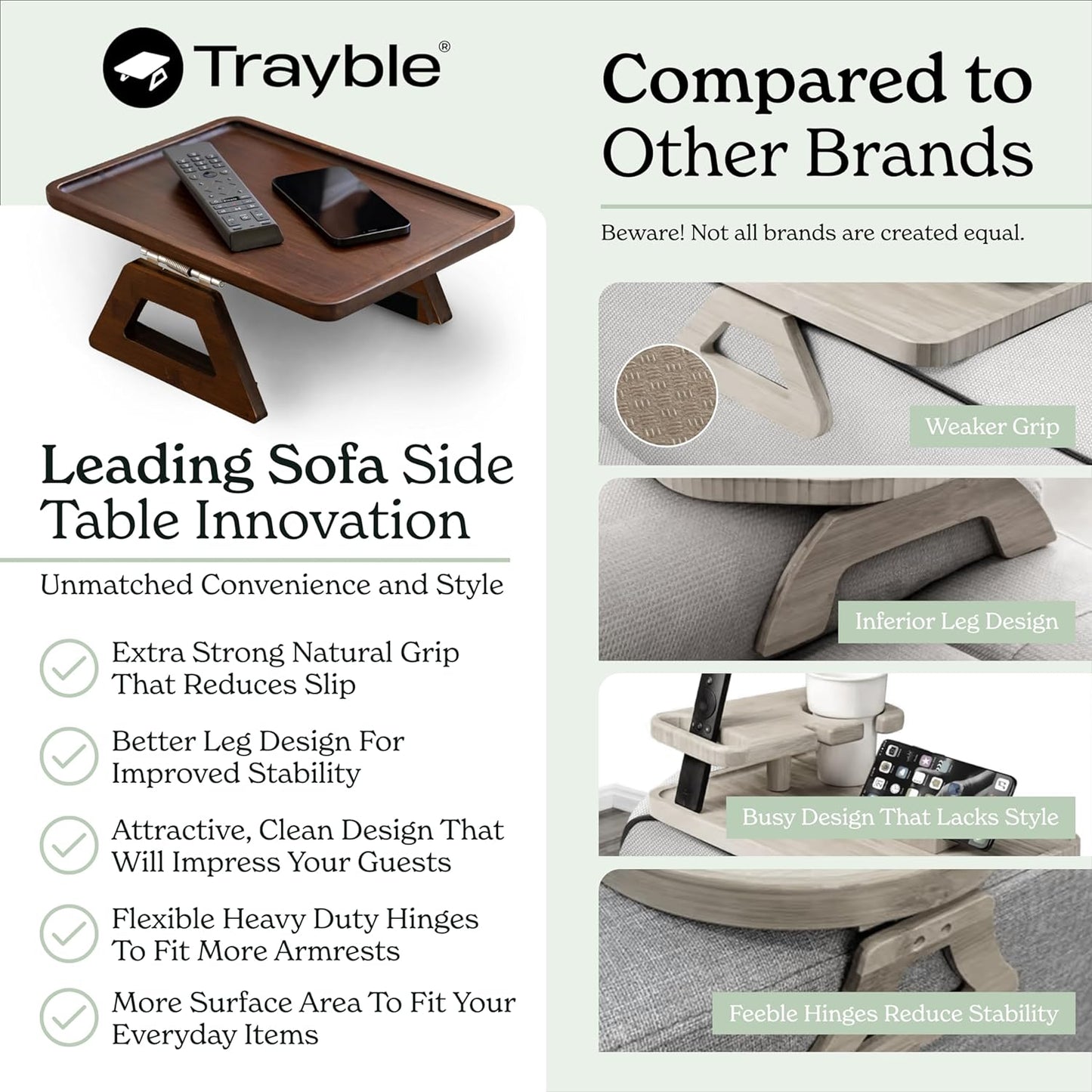 Bamboo Trayble Couch Arm Table, Clip on Tray Sofa Table for Couches. Sofa Arm Tray, Armchair Table for TV Dinners, Remotes, Drinks and Snacks - 13.75 X 9.5Inch, Brown - Zayd’s Department Store