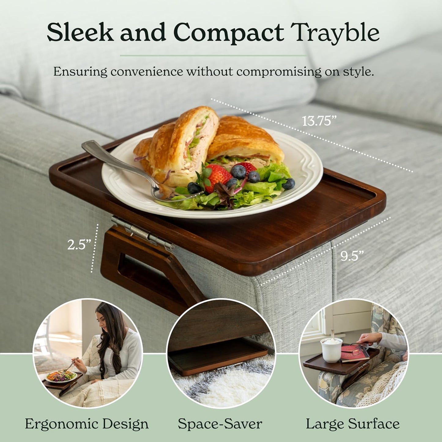 Bamboo Trayble Couch Arm Table, Clip on Tray Sofa Table for Couches. Sofa Arm Tray, Armchair Table for TV Dinners, Remotes, Drinks and Snacks - 13.75 X 9.5Inch, Brown - Zayd’s Department Store