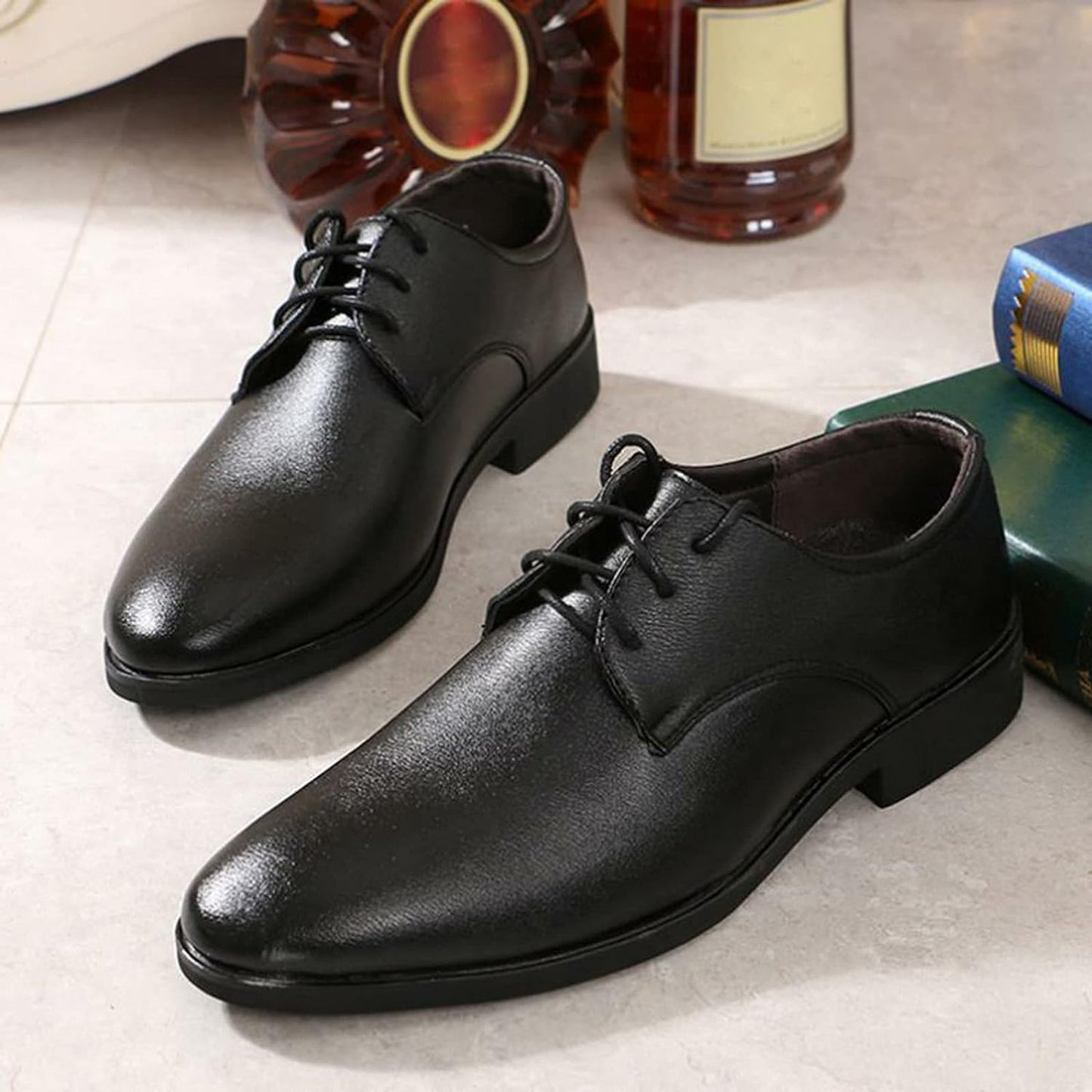 Men’S Fashion Handcrafted Casual Oxford Style Black Leather Full Brogue Derby Dress Lace up Shoe W/Medallion, Open Lacing Section, Wingtip Toe, & Chunky Wedged Heel - Zayd’s Department Store