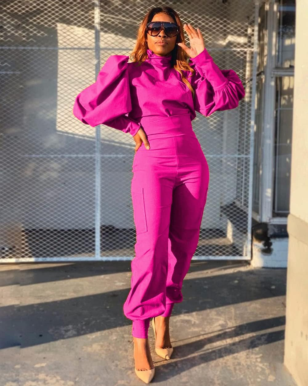 Womens Fashion 2 Piece Outfits Pullover Mock Neck Puff Sleeve Tops High Waist Pants Sets Jumpsuit Streetwear - Zayd’s Department Store