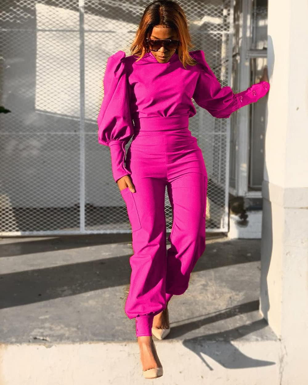 Womens Fashion 2 Piece Outfits Pullover Mock Neck Puff Sleeve Tops High Waist Pants Sets Jumpsuit Streetwear - Zayd’s Department Store