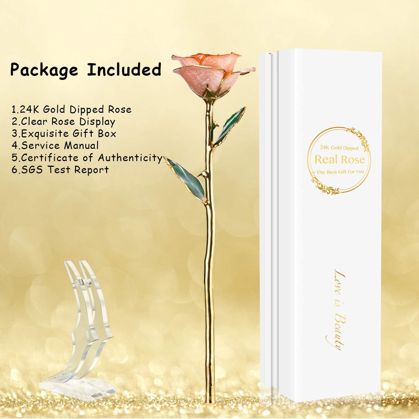 24K Gold Rose, Gold Dipped Rose Made from Real Rose Best Gifts for Her and Great Gifts for Wife, Pink with Stand - Zayd’s Department Store
