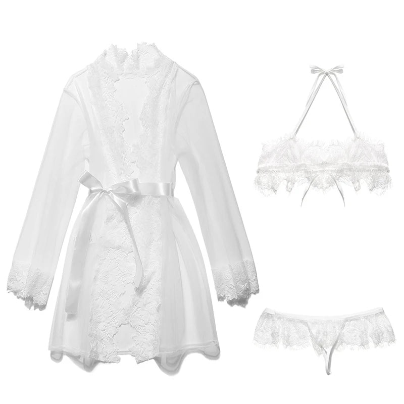 Sexy Bathrobe Bridesmaid Robes Lace Lingerie Porno Bride Long Sleeve See through Underwear Sheer Sexi Women'S Dressing Gown - Zayd’s Department Store