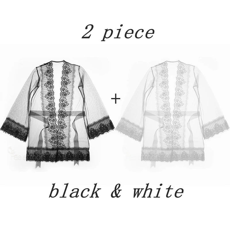 Sexy Bathrobe Bridesmaid Robes Lace Lingerie Porno Bride Long Sleeve See through Underwear Sheer Sexi Women'S Dressing Gown - Zayd’s Department Store