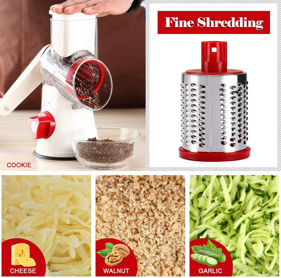 Rotary Cheese Grater Hand Crank, Kitchen Shredder Speed Mandolin Slicer Nuts Grinder with Handle and Drum Blades for Cheese, Vegetable, Chocolate, Potato, Carrot, 3 Blades, White Red - Zayd’s Department Store