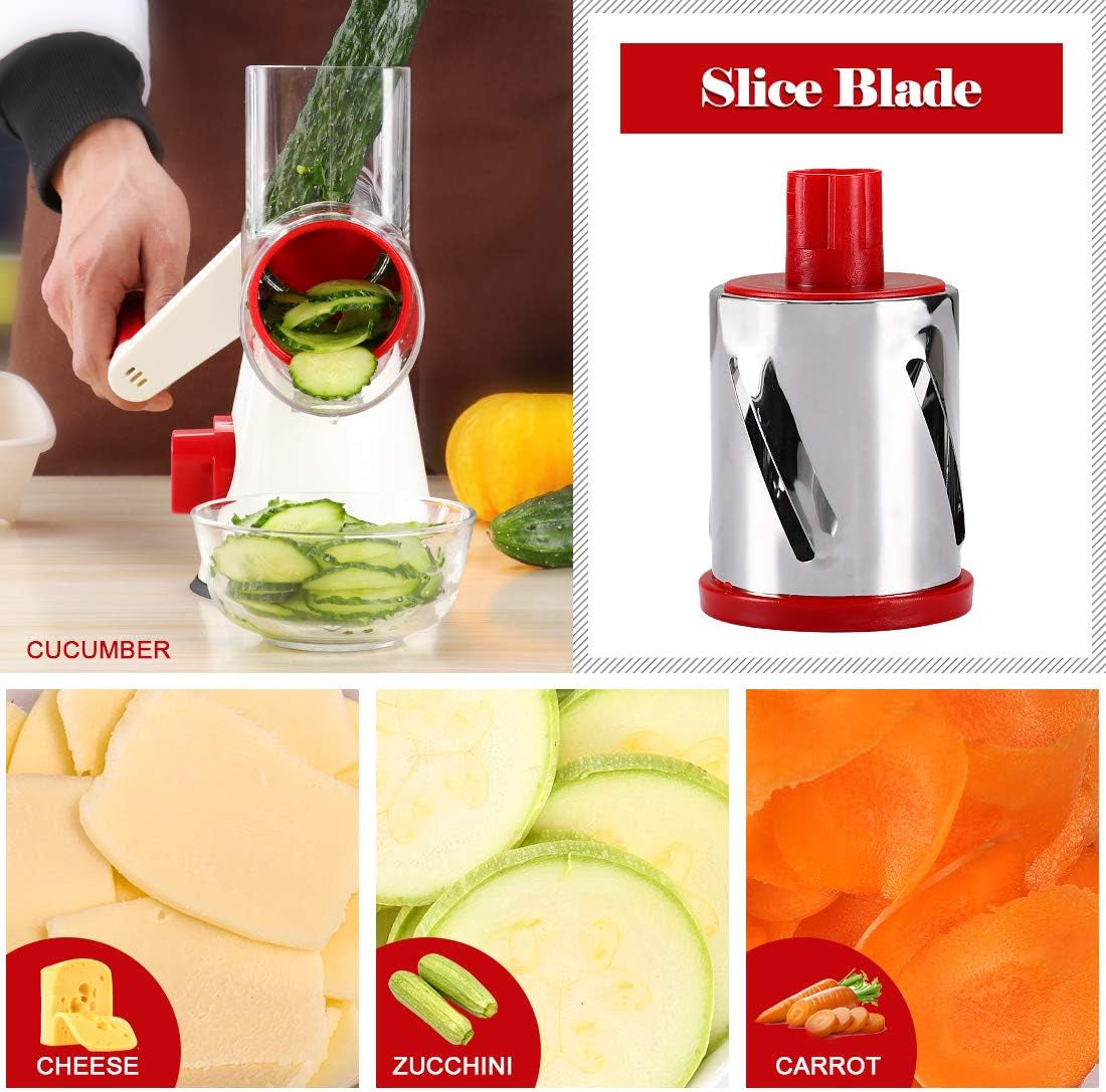 Rotary Cheese Grater Hand Crank, Kitchen Shredder Speed Mandolin Slicer Nuts Grinder with Handle and Drum Blades for Cheese, Vegetable, Chocolate, Potato, Carrot, 3 Blades, White Red - Zayd’s Department Store