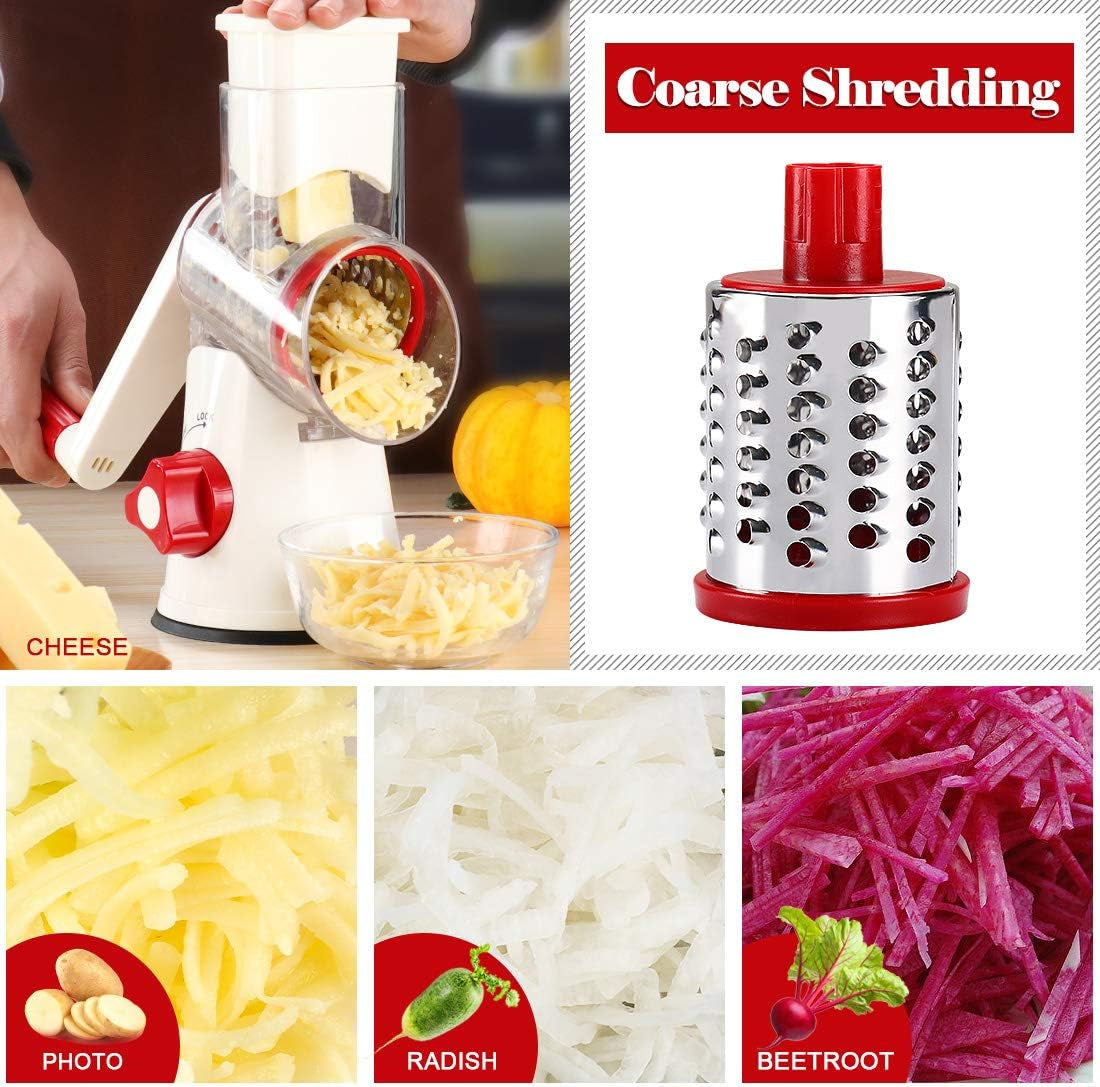 Rotary Cheese Grater Hand Crank, Kitchen Shredder Speed Mandolin Slicer Nuts Grinder with Handle and Drum Blades for Cheese, Vegetable, Chocolate, Potato, Carrot, 3 Blades, White Red - Zayd’s Department Store