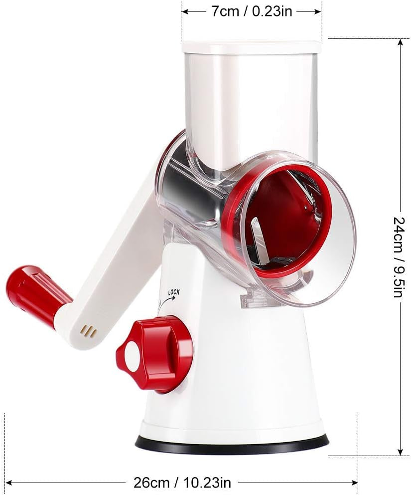 Rotary Cheese Grater Hand Crank, Kitchen Shredder Speed Mandolin Slicer Nuts Grinder with Handle and Drum Blades for Cheese, Vegetable, Chocolate, Potato, Carrot, 3 Blades, White Red - Zayd’s Department Store